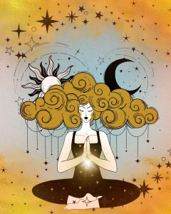 Illustration einer meditierenden Frau mit goldenen Haaren, Sonne, Mond und Sternen – Symbol für Archetypenarbeit und Numerologie