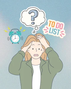 Gestresste Person mit Gedankenkarussell, To-do-Liste und Zeitdruck – symbolisiert mentale Überforderung.
