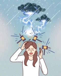 Illustration einer Frau mit Migräne und Kopfschmerzen, Blitze und Hämmer symbolisieren starke Schmerzen im Kopf.